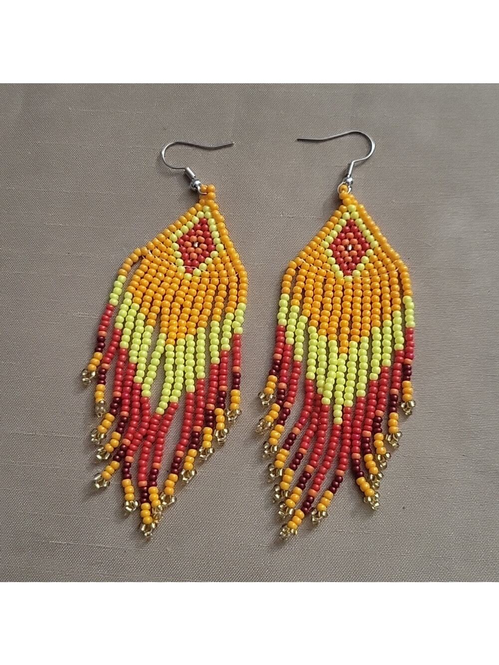 Boho red yellow & orange beaded tassel earrings